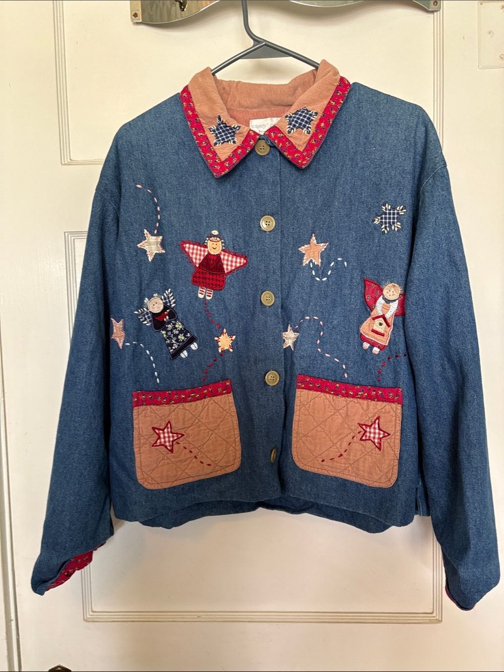 Casey Coleman Vintage Denim Embroidered & Appliquéd Angel Patch Jacket Size M/L